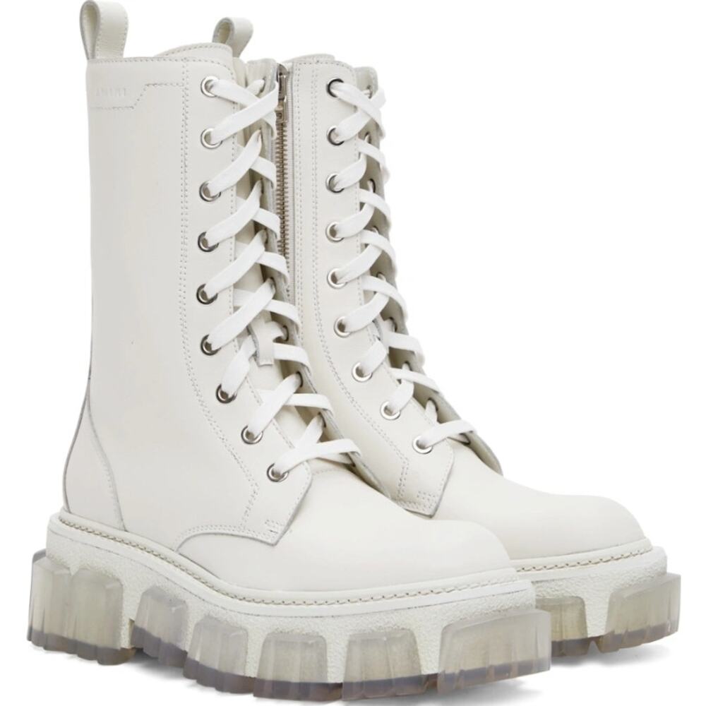 AMIRI Crepe Lug Leather Lace-Up Combat Boots in White, Size 7.5